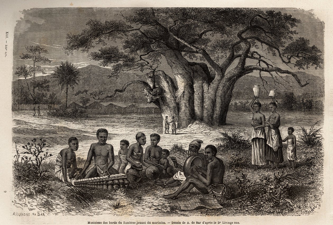 Marimbát (balafon és prekolumbiai hangszerek keveréke) játszó zenészek a Zambese folyó partján. Metszet Dr. Livingstone első dél-afrikai útjainak illusztrálására 1840 és 1856 között, a „Le tour du monde, nouveau Journal des voyages” c. alkotó: Unknown artist