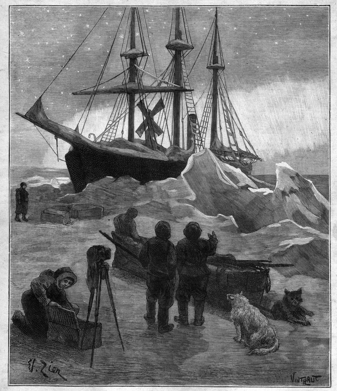 Nansen sarki kutatóhajója, a Fram a jégben rekedt – metszet a Fridtjof Nansen (1861-1930) 1893-1896-os Fram-expedíciójának jelentéséből. alkotó: Unknown artist