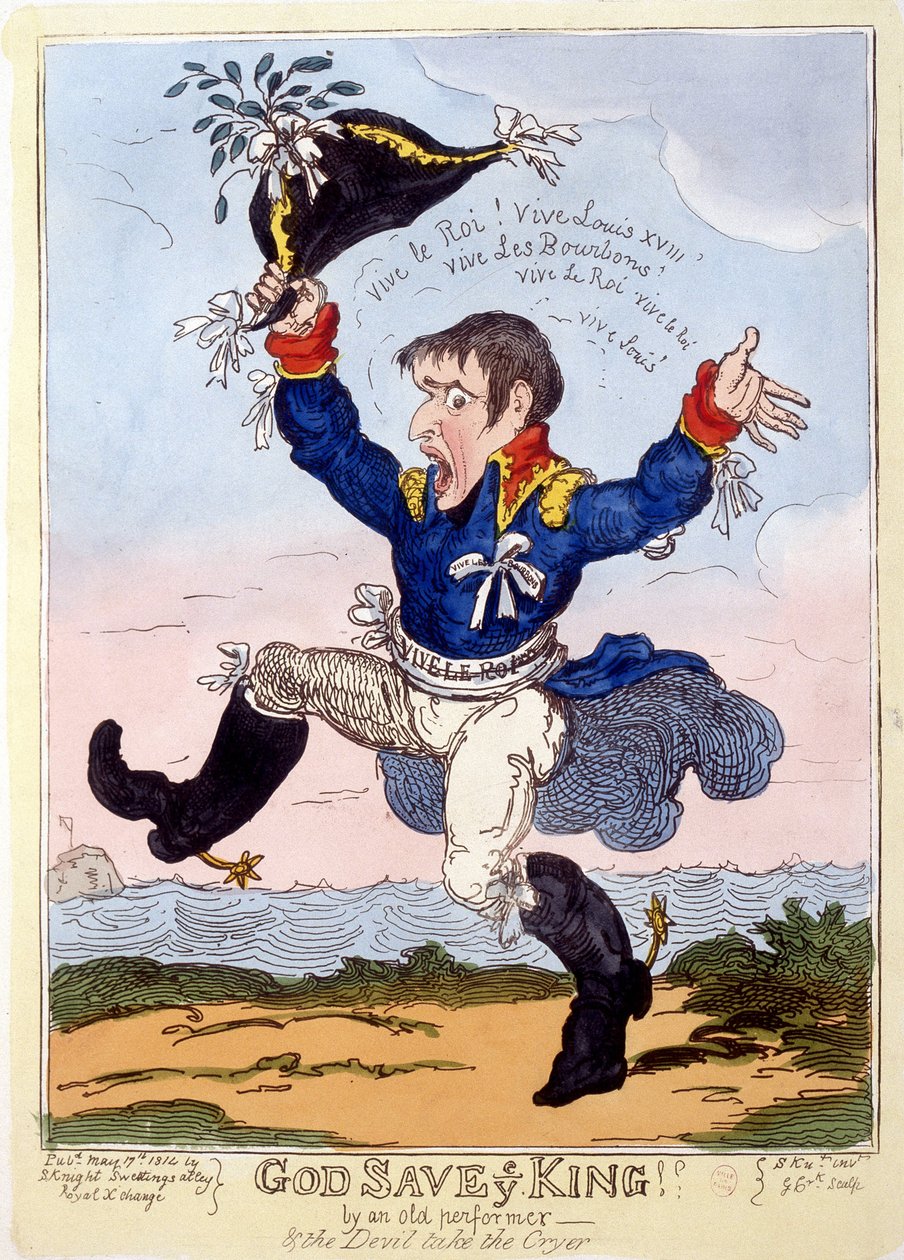 Napoleon 1er énekelje a „Vive le roi””-t XVIII. Lajos eljövetelére – a „” Napoleon 1er” karikatúragyűjteményben alkotó: Unknown artist