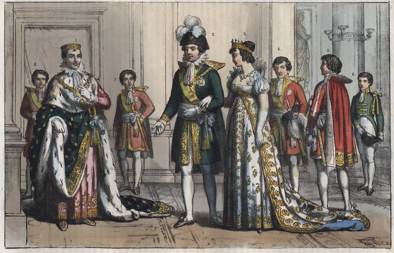 Napóleon Bonaparte (1769-1821), mint Olaszország királya - Alkirály (alkirály) - Alkirály felesége - Butler - Lord Chamberlain - Oldalfiú - Equerry - Ceremóniamester - metszet a "" A Világegyetem összes népének szokásai és szokásai. Vagy a kormány történet alkotó: Unknown artist