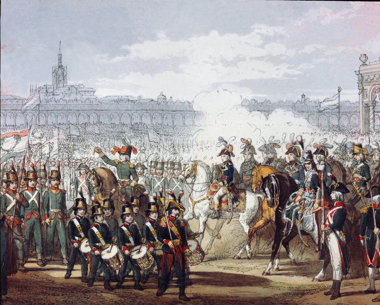 Napóleon Bonaparte (1769-1821) áttekinti a milícia Lombard és Ciszpadai légióját 1797.07.09-én akvarellmetszeten. Milánó, Museo del Risorgimento alkotó: Unknown artist