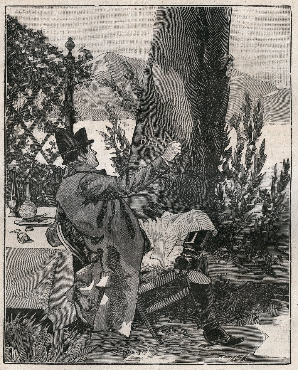 Napóleon Bonaparte (1769-1821) a Maggiore-tónál (Lago Maggiore) lévő Isola Bella szigetén egy babérfa törzsére írta a „Battaglia” szót, három nappal az 1800-as marengói csata előtt. 1885-ből származó metszet „”-ben. Les arts et metiers illustres” alkotó: Unknown artist