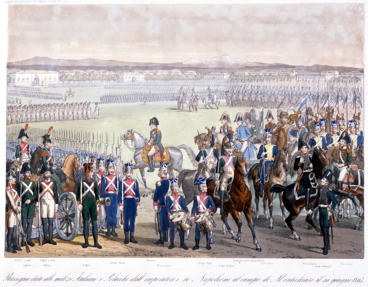 Napóleon Bonaparte áttekintette az olasz és lengyel milíciát Montechiaróban 1805-ben. Metszet 1845-ből alkotó: Unknown artist