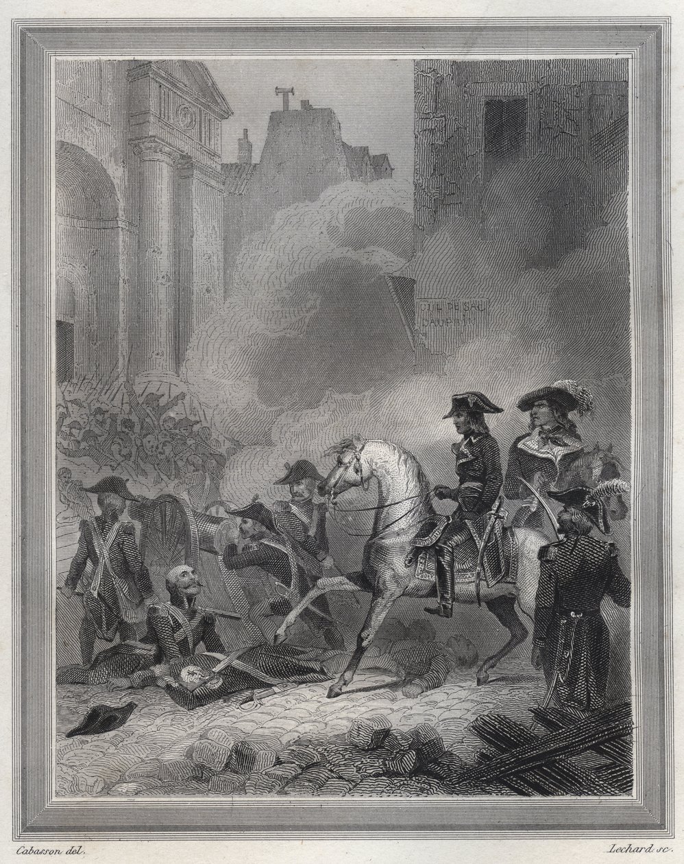 Napóleon leverte a királypárti lázadást – Bonaparte Napóleon (lóháton) forradalmi csapatokat irányít az utcai harcokban Vendemiaire 13-án (október 5.) – 1795. Vendemiaire 13-án (1795. október 5-i királypárti felkelés): Bonaparte visszaadta a rendet shoo-va alkotó: Unknown artist