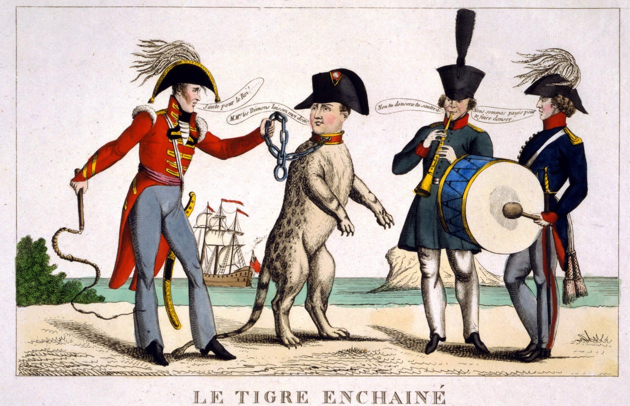 I. Napóleon egy láncos tigrisben, akit egy brit tiszt tartott ostorral. Oroszország és Ausztria zenél a szomszédban. Rajzfilm 1815. alkotó: Unknown artist