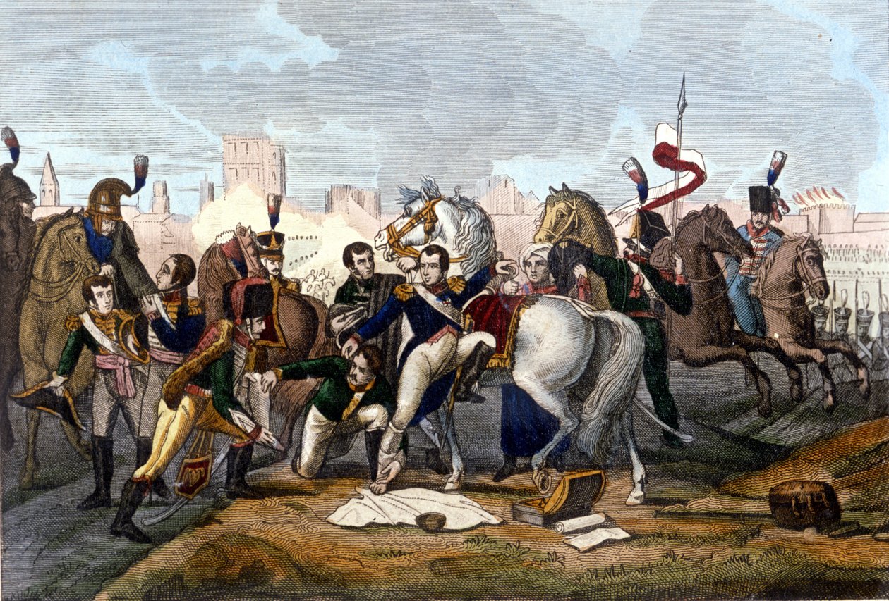 I. Napóleon megsebesült Regensburg előtt 1809. április 23-án. Metszet XIX. alkotó: Unknown artist