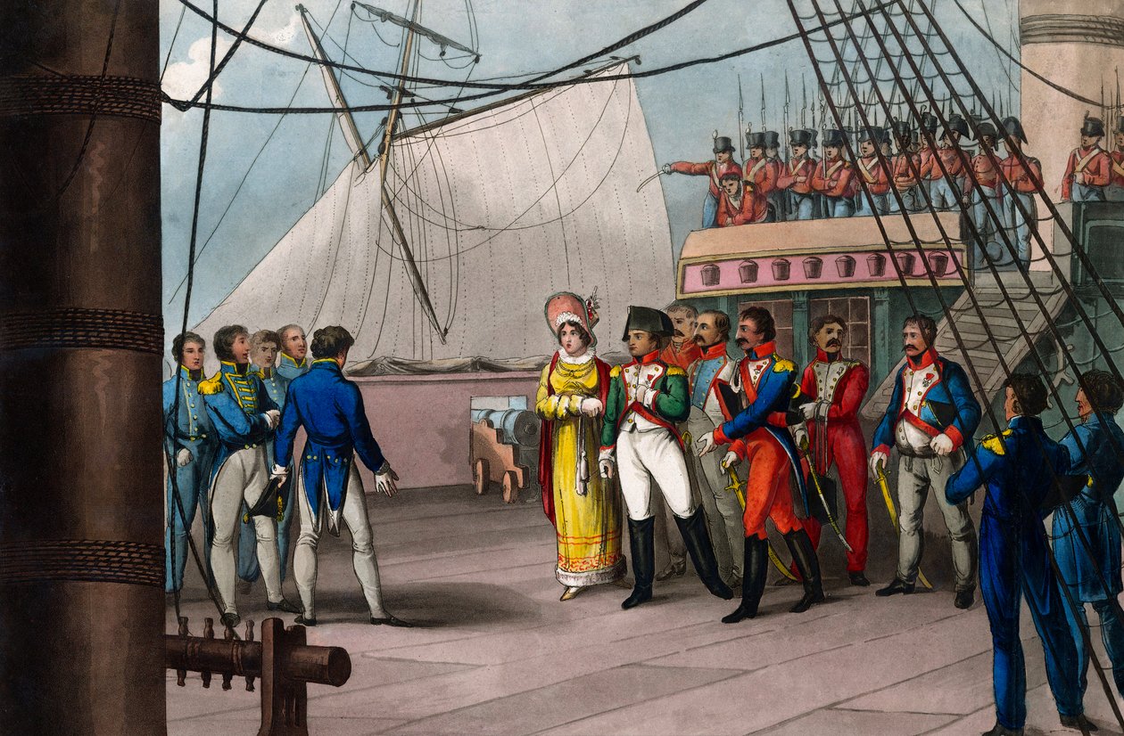 Napóleon megbízik a brit hitben – Napóleon Bonaparte a Bellerophon brit hajó fedélzetén, amely 1815. július 15-én a St. Helene-i (St. Helene) száműzetésbe vitte – Nagy Napóleon, átadva magát a brit nemzet nagylelkűségének; vadkan alkotó: Unknown artist