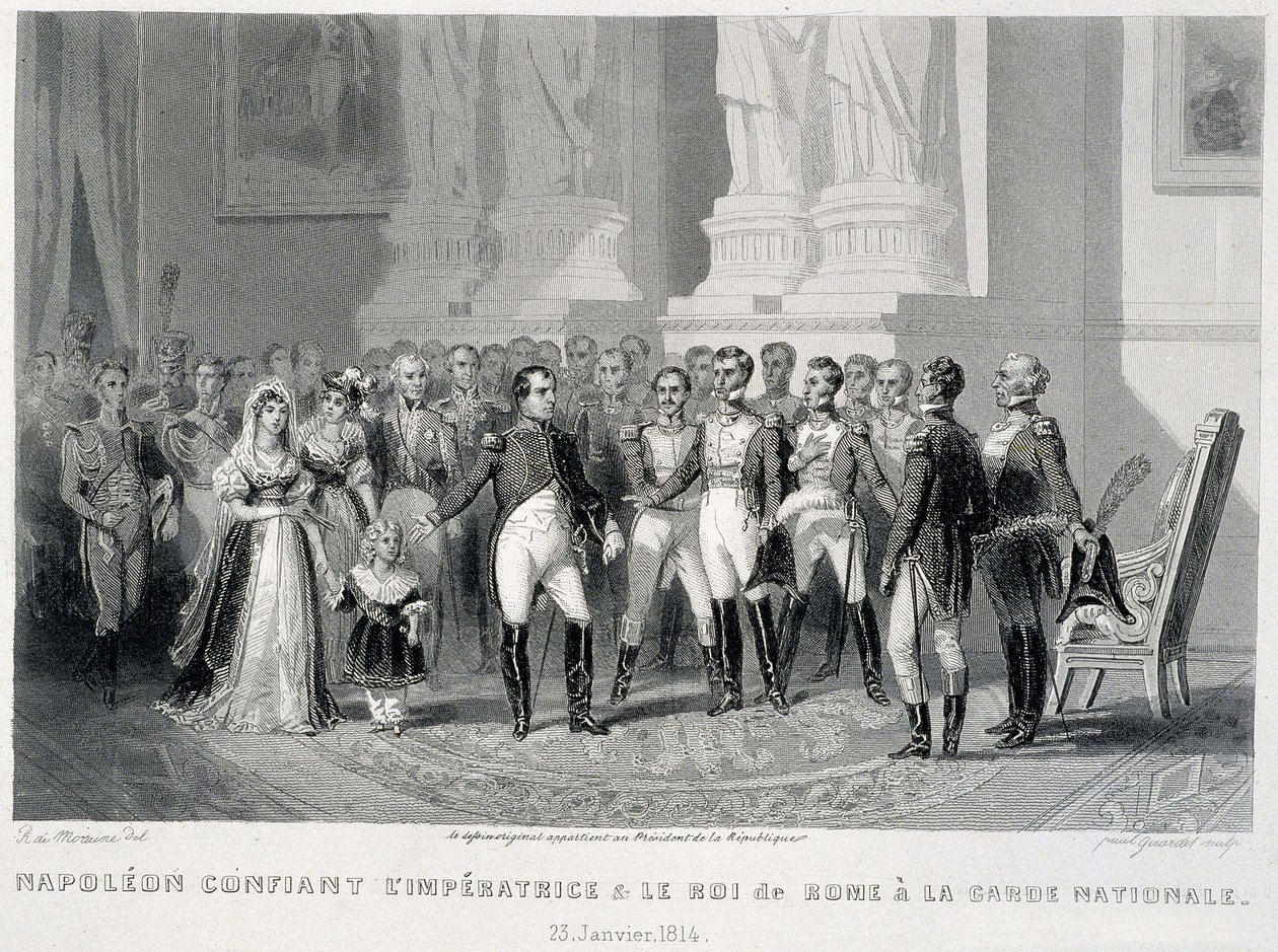 Napóleon a Nemzeti Gárdára bízta az impressziót és fiát, a római királyt (1814. január 23.) – a „Fasttes de Gardes nationales de France”-ban” alkotó: Unknown artist