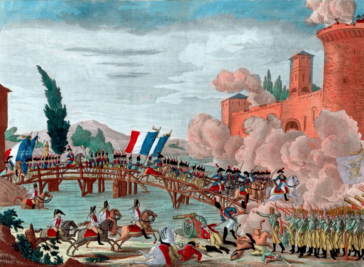 Napóleon vezeti seregét a lodi hídon – Napóleon a csata és a lodi híd áthaladása alatt 1796-ban – A republikánus-francia armee áthaladása a lodi hídon Olaszországban, Napóleon Bonaparte főtábornok megbízásából - alkotó: Unknown artist