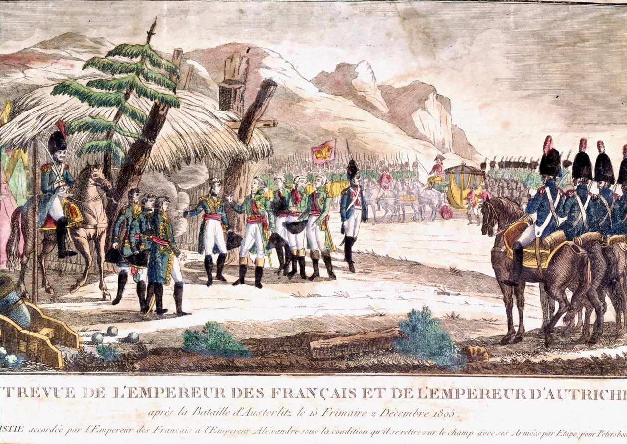 Napóleoni háború: I. Napóleon találkozik II. Francois császárral az austerlitzi csata után, 1805.02.12. századi metszet. alkotó: Unknown artist