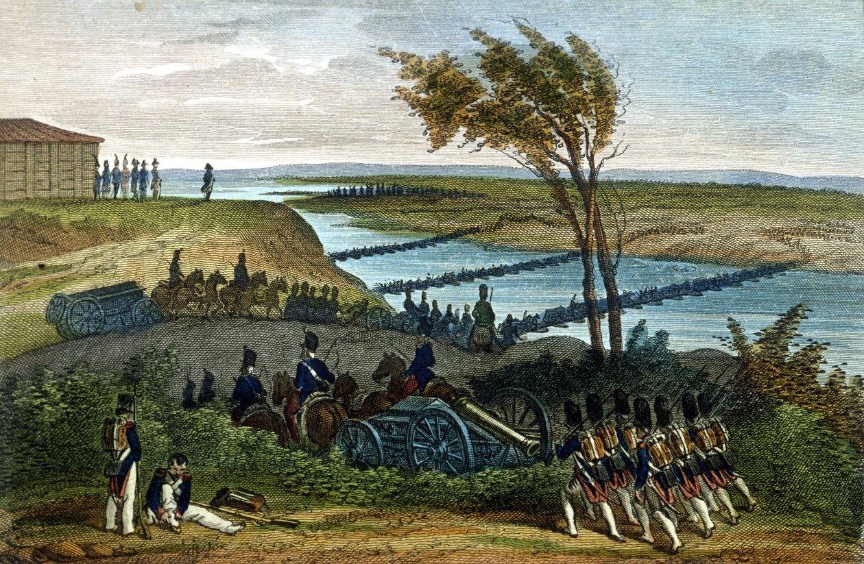 Napóleoni háború: orosz hadjárat. A Niemen (Dnjemen) folyó áthaladása 1812. június 24-én, amely elválasztja a két birodalmat. századi metszet. alkotó: Unknown artist