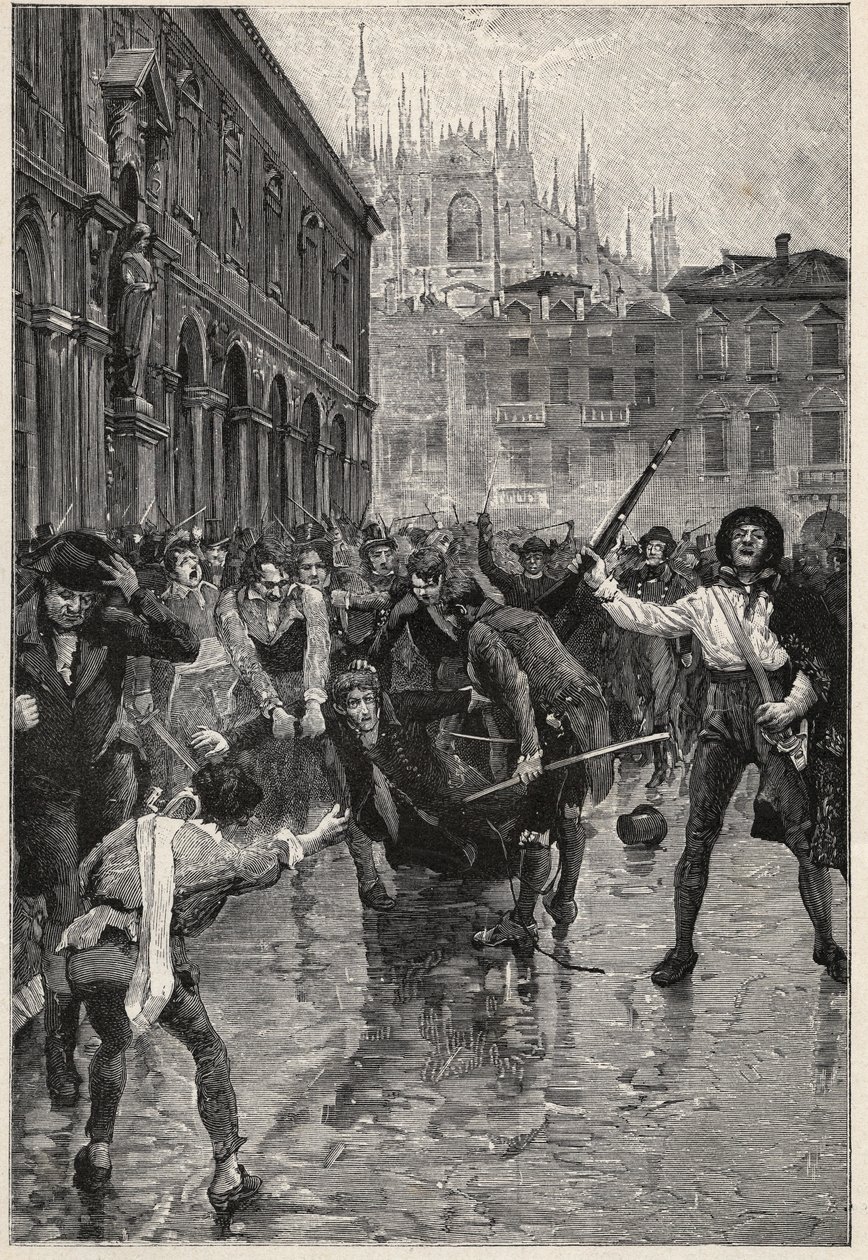 Napóleon lemondása milánói zavargásokra ösztönöz, Giuseppe Prinát, a népszerűtlen pénzügyminisztert pedig az utcákon hurcolják, és végül a milánói Piazza San Fedele-n megölte a tömeg április 20-án. alkotó: Unknown artist