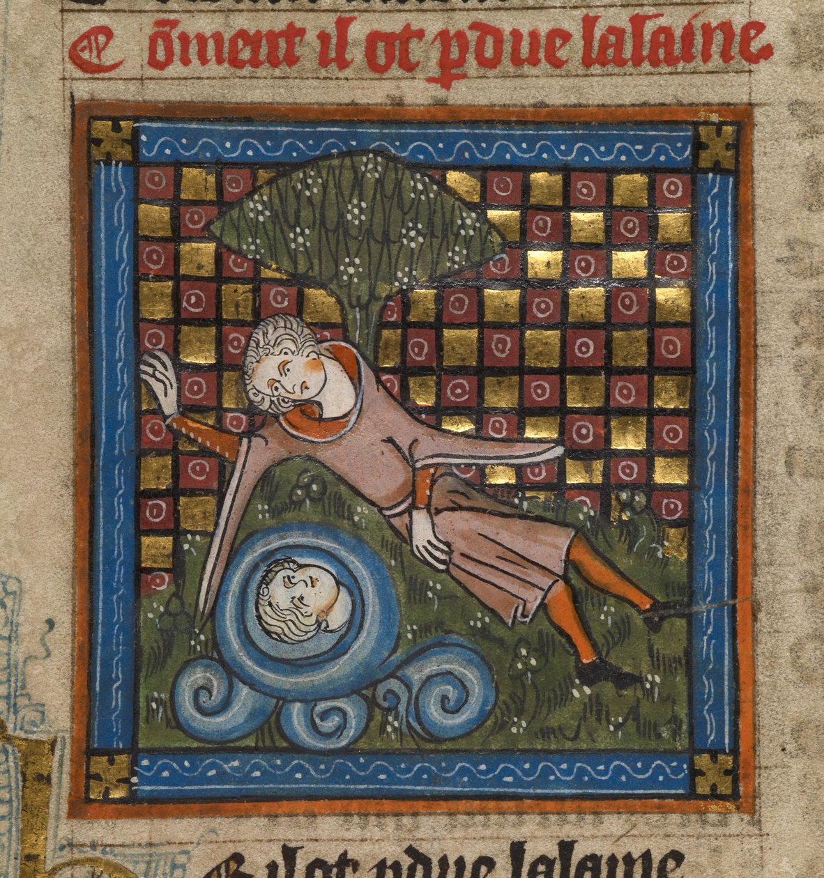 Narcissus csodálja tükörképét egy szökőkútban, a „Le Roman de la Rose”-ból, 1340 körül (miniatűr) alkotó: Unknown artist