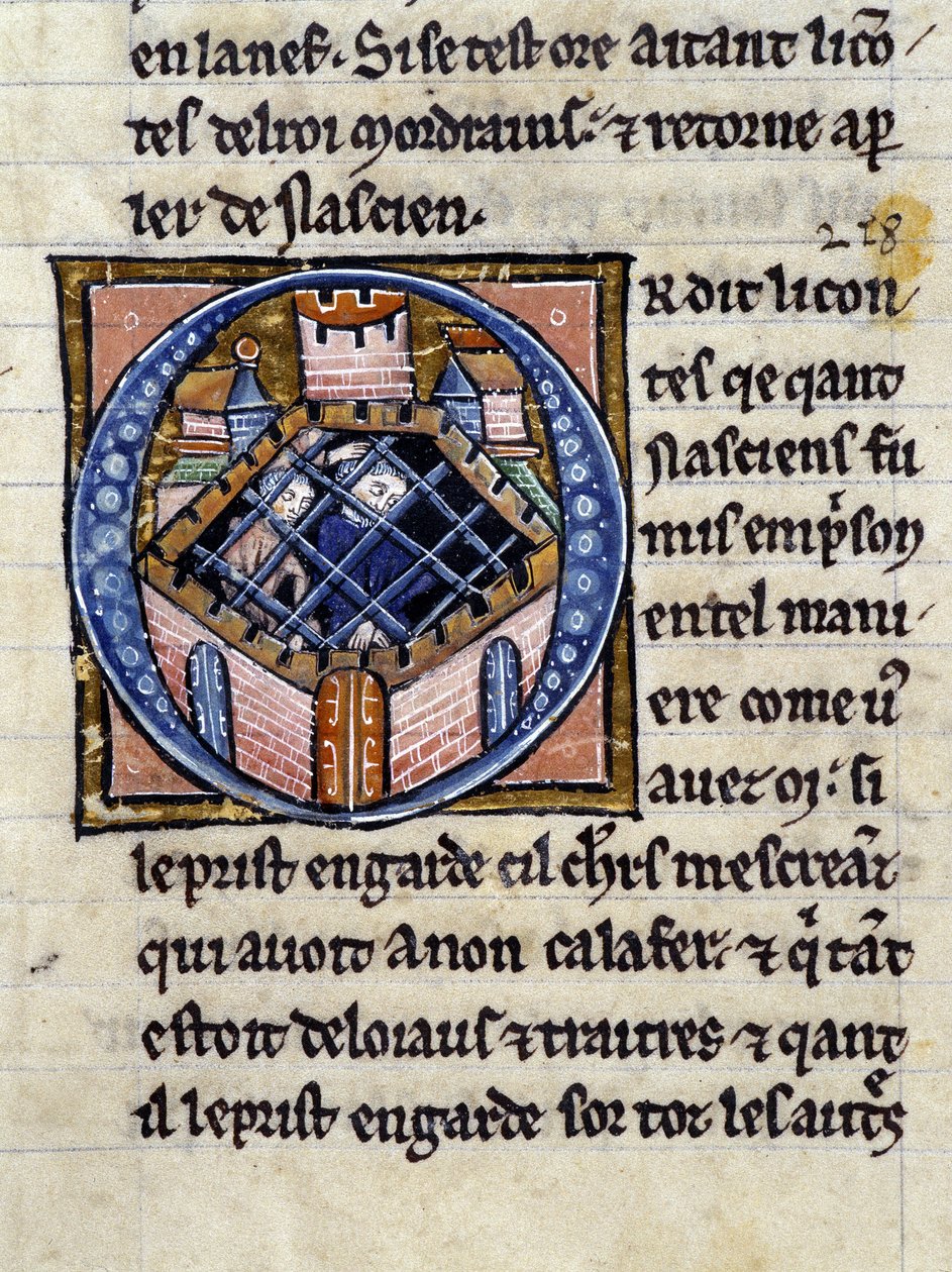Nascion börtönben. Kézirat: Szent Gréal meghódítása, 717 évvel urunk szenvedélye után. Bibliotheque Municipale de Rennes, ms. 255 (A Kerekasztal regénygyűjteménye); Párizs alkotó: Unknown artist