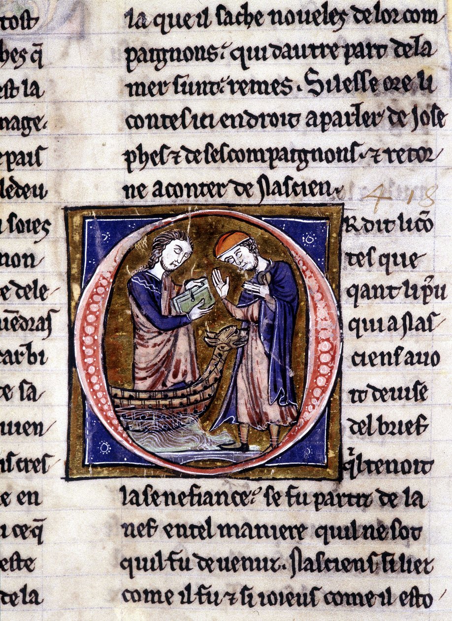 Nascion megkapja a könyvet (?). Kézirat: Szent Gréal meghódítása, 717 évvel urunk szenvedélye után. Bibliotheque Municipale de Rennes, ms. 255 (A Kerekasztal regénygyűjteménye); Párizs alkotó: Unknown artist