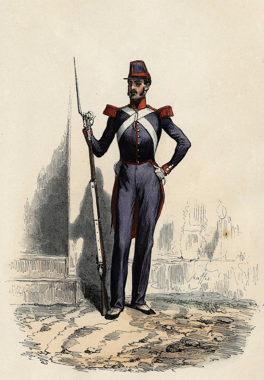 Nemzetőrség vagy Algír afrikai milíciája, amelyet Clausel, a francia Armee tábornok hozta létre 1830-ban, hogy biztosítsák a város rendjét. Leon Galibert „” L
