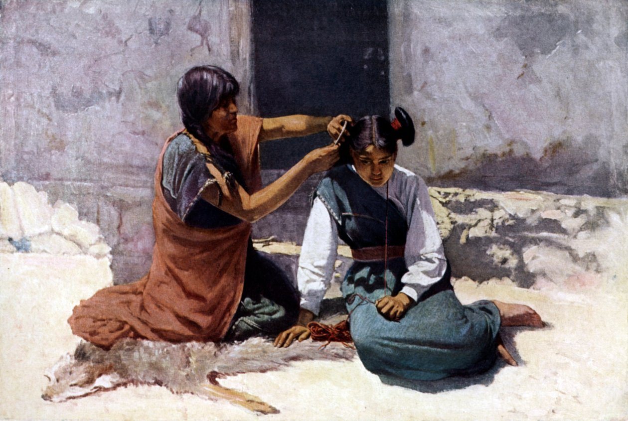 Indián anya a hopi törzsből, a lánya haját ápolja a házasságra való felkészüléshez. alkotó: Unknown artist