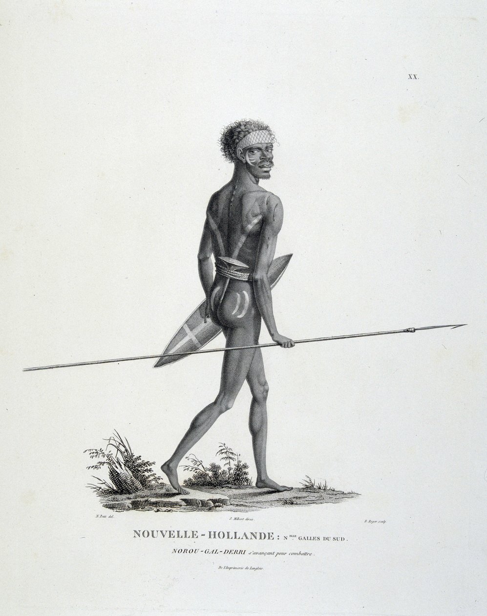 Az új-dél-walesi New Holland bennszülött North-Gal-Derri harcra tör - Lesueur és Peer urak ""Felfedezések utazása a déli vidékekre" című művében alkotó: Unknown artist