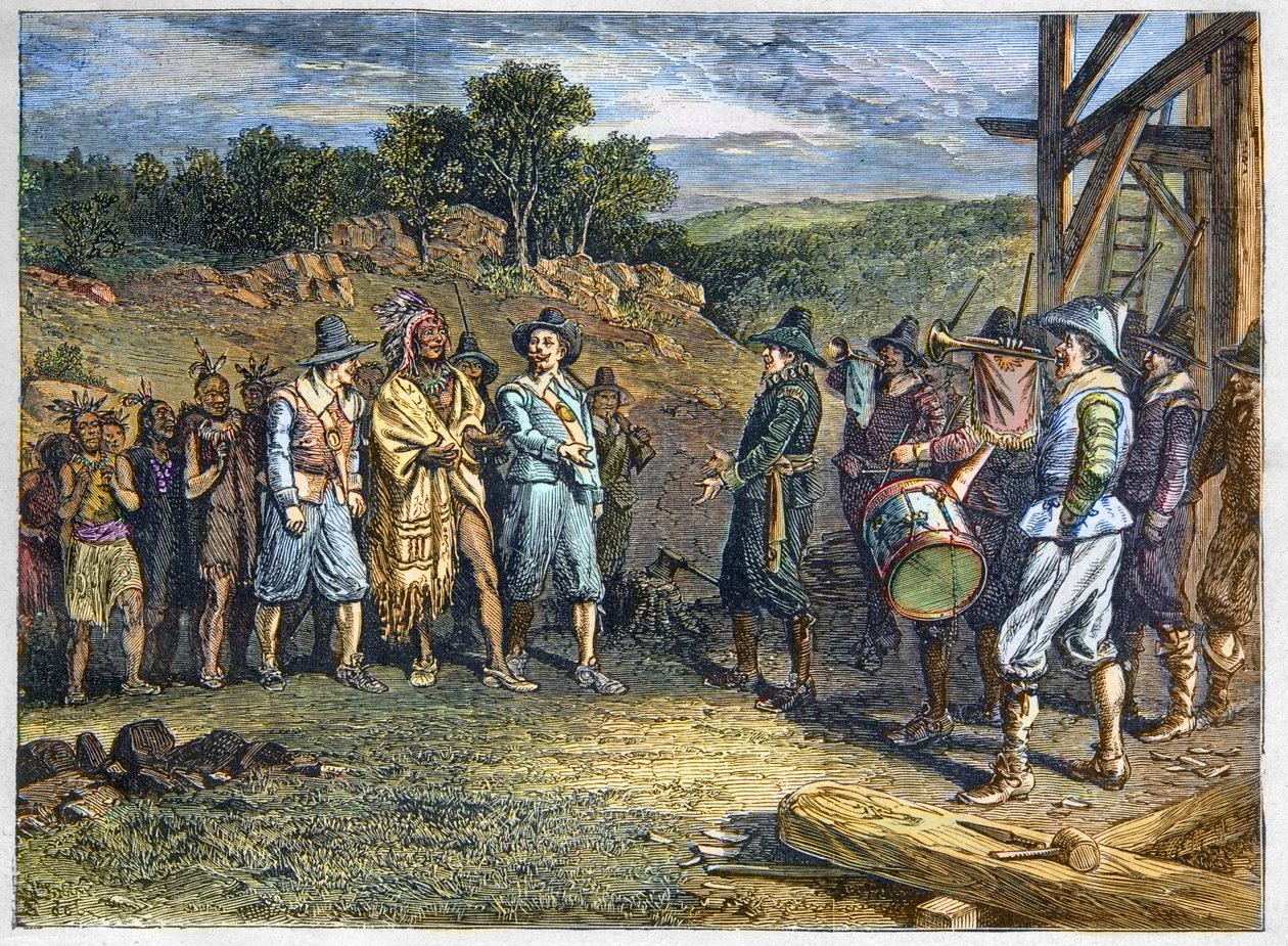 Amerika őslakossága: indiánok. A telepesek 1620-ban találkoztak Massasoit-tal (1590-1661), akit Ousamequin „sárga toll”-ként is ismertek, a wampanoag törzs főnökével, Plymouth Colony, 1620-ban. alkotó: Unknown artist