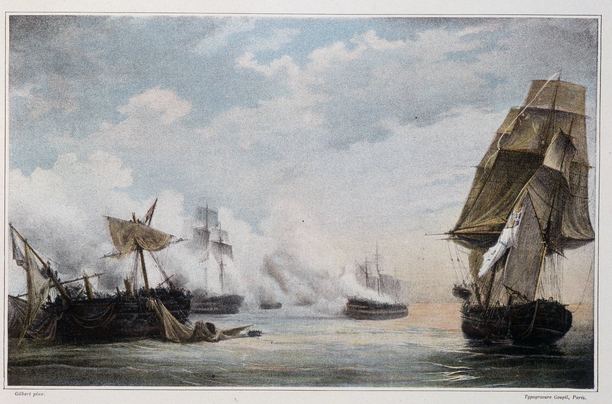 Tengerészeti csata a francia „Formidable” és az angol hajók, a „Cesar”, a „Spencer”, a „Venerable” és a „Temze” fregata között Cadiz előtt július 13-án. alkotó: Unknown artist