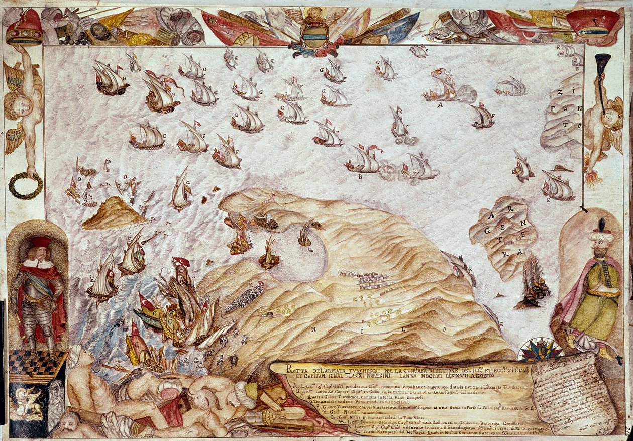Tengerészeti csata a török és a velencei flották között 1661-ben - Miniatűr - Velence, Biblioteca Marciana alkotó: Unknown artist