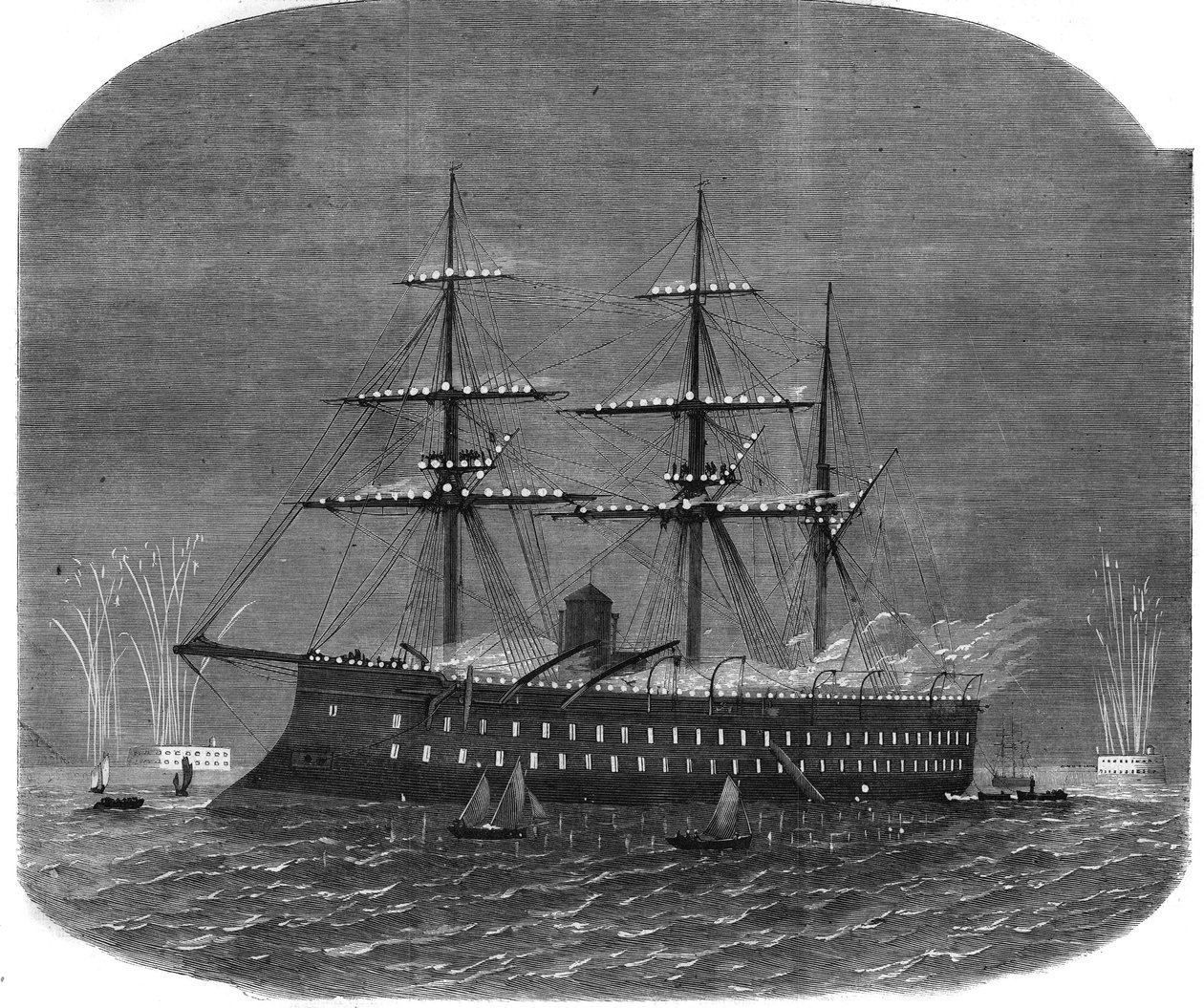 Tengerészeti világítás Spithead kikötőjében az egyiptomi Ismail Pasha szultán (1830-1895) angliai útja során. Metszet a „The Illustrous Universe”-be alkotó: Unknown artist