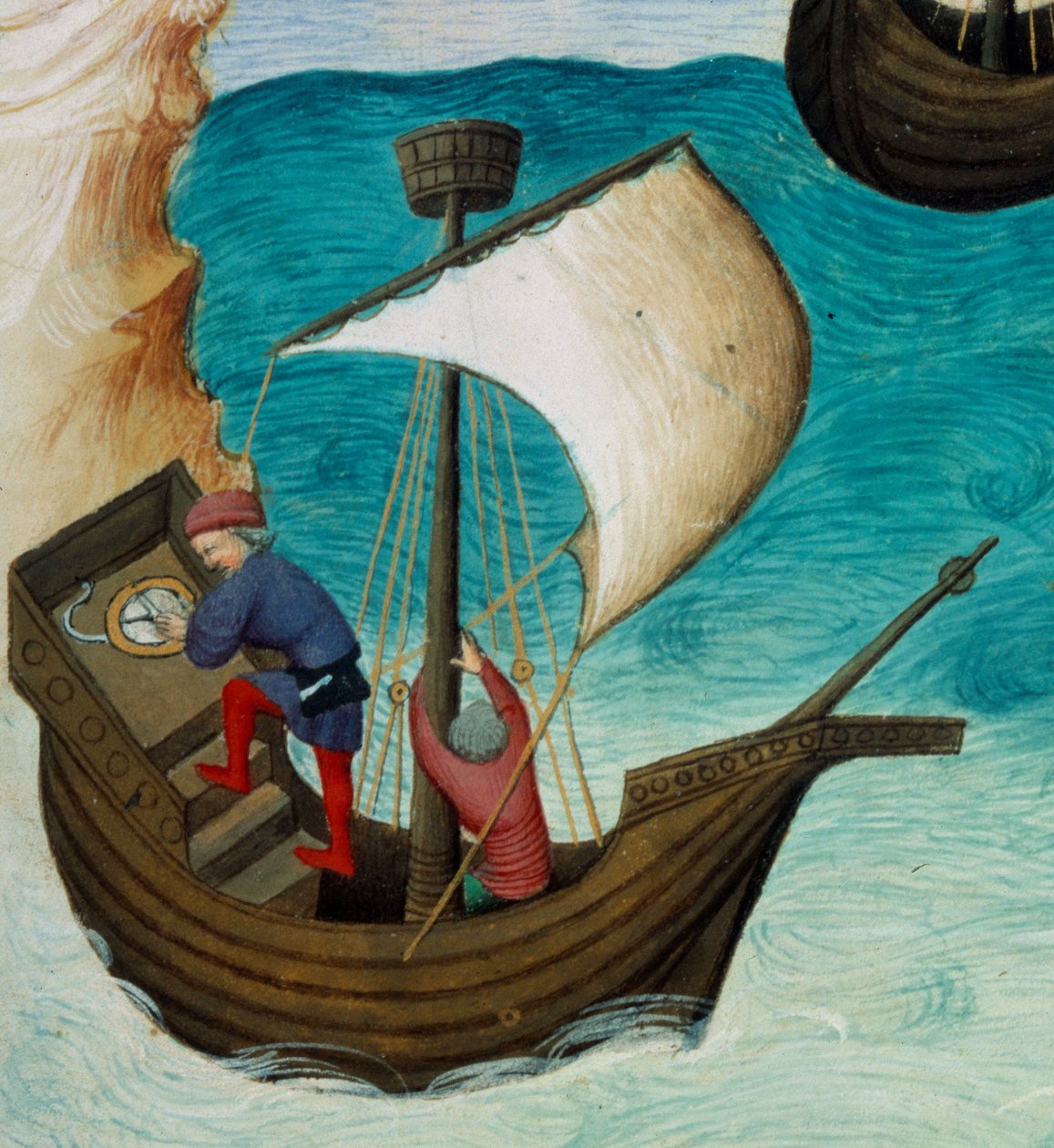 Navigátorok az Indiai-óceánon csillagokkal és asztrolábiumokkal orientálva. Miniatűr „A világ csodáinak könyvében”, Ms. 2810, 188v fólió Egerton mestere által, John (Jehan) de Mandeville (1300? 1382) írása. 1410-1412 körül. BN, Párizs alkotó: Unknown artist