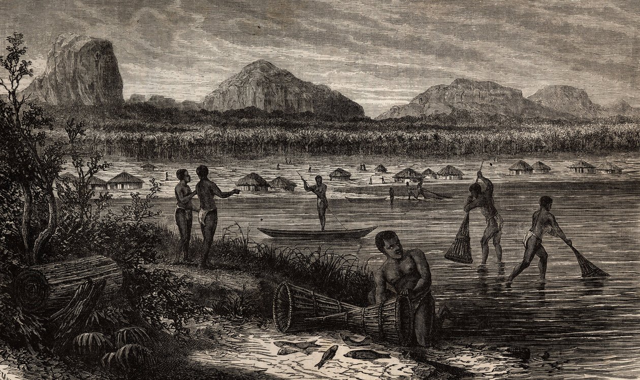 A Rovuma (Mozambik) szürkehályog közelében a halak halászata. Metszet Dr. Livingstone első dél-afrikai útjainak illusztrálására 1840 és 1856 között, a „Le tour du monde, nouveau Journal des voyages” című kiadványban, amely a direktíva alatt jelent meg. alkotó: Unknown artist