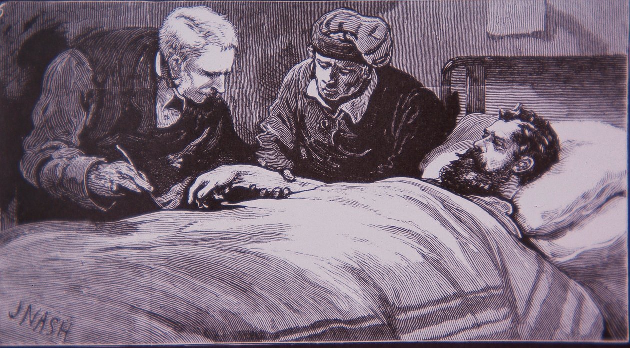 Ned Kelly sebesülten fekszik a melbourne-i börtönkórházban, miután 1880. június 28-án a rendőrség elfogta (metszet) alkotó: Unknown artist