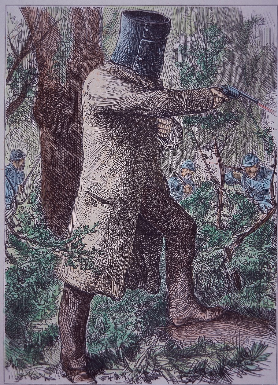 Ned Kelly, jellegzetes páncélját viselő, végső összecsapásban a rendőrséggel, 1880. június 28. (színes metszet) alkotó: Unknown artist