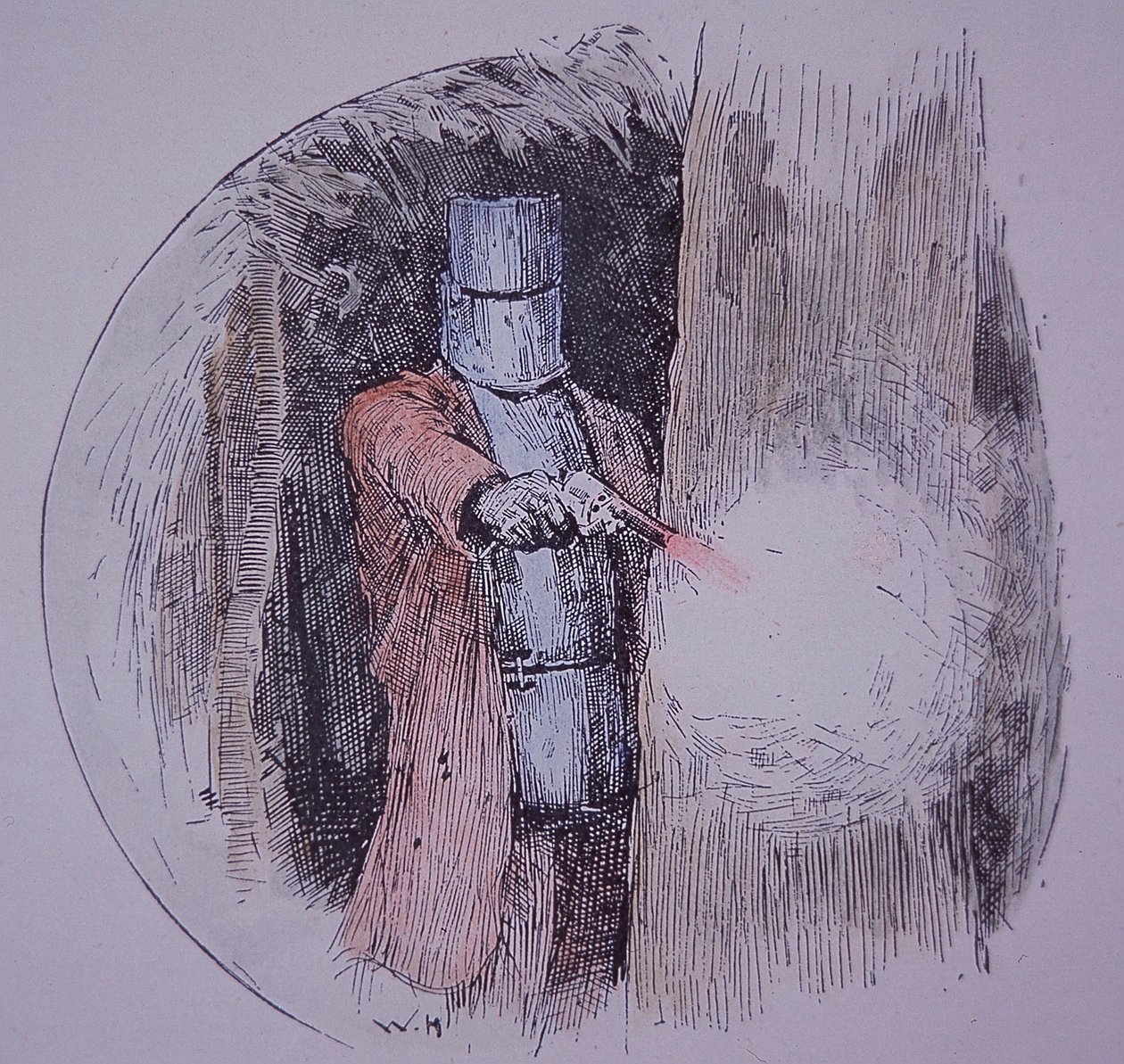 Ned Kelly házi készítésű páncélját viseli, szemben a rendőrséggel (kézzel festett metszet) alkotó: Unknown artist