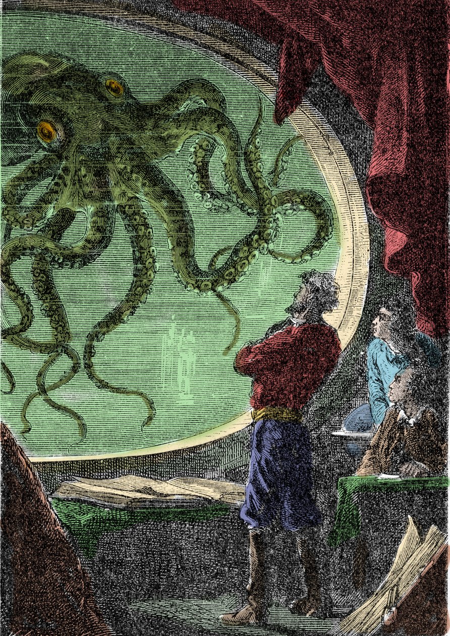 Ned Land, Aronnax professzor és szolgája, Conseil az óriáspolipot a Nautilus tengeralattjáró lőrésén keresztül nézi. Metszet Jules Verne „Húszezer liga a tengerek alatt” (Húszezer - 20 000 - 20 000) könyve. alkotó: Unknown artist