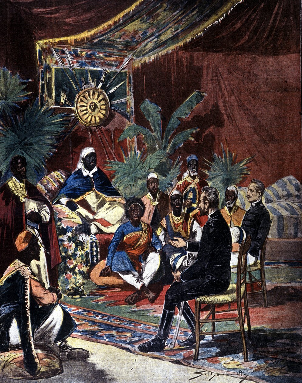 Béketárgyalások Etiópiával az olaszok 1896-os adouai veresége után. Salsa őrnagy és Angherà kapitány találkozott II. Menelik királlyal (1844-1913) és főnökeivel. A 19. század végi sajtó illusztrációja, Silhouette. alkotó: Unknown artist