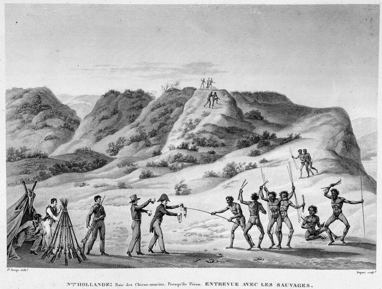 New Holland, Bay of Marine Dogs, Peron-félsziget: interjú az indiánokkal (bennszülöttek és telepesek találkozása) - metszet, deb. 19. század alkotó: Unknown artist