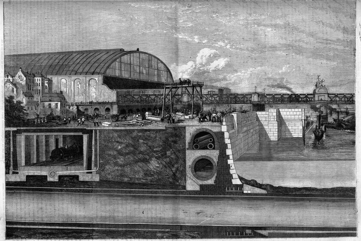 New Thames Wharf Section Londonban, Angliában, amely jelzi: 1. A víz- és gázvezetékek és távíróvezetékek felső földalatti útvonala; 2. Hengeres csatorna; 3. Fővárosi vasút; 4. Atmoszférikus vasút. Metszet a "" The Illustrious Universe" -ba alkotó: Unknown artist
