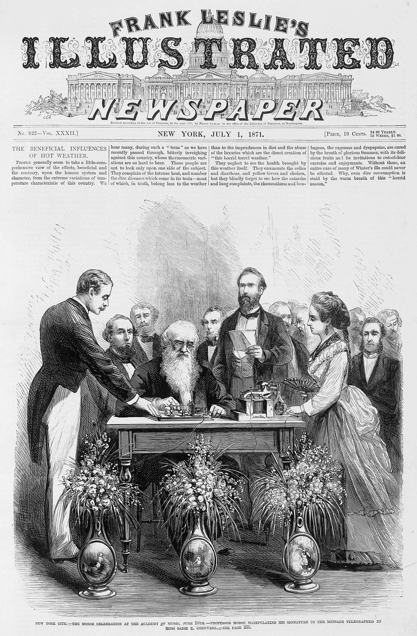 New York City – Morse-ünnep a Zeneakadémián, június 10. – Morse professzor aláírását manipulálja a Miss Sadie E. Cornwell által táviratozott üzenetre – Frank Leslie illusztrált újságjában, 1871.07.01. alkotó: Unknown artist