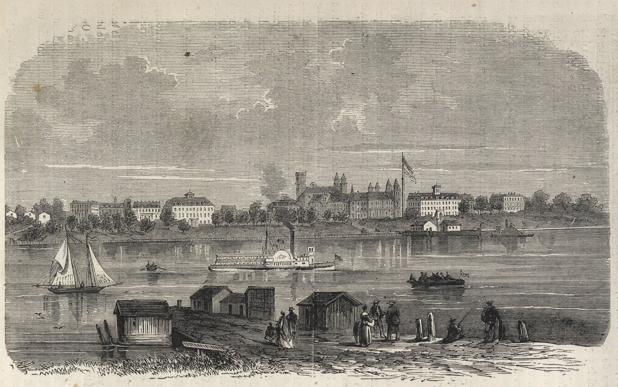 New York állam – Emigrációs Bizottság intézménye – Ward Island – Metszet a „The Illustrous Universe” 1869-ben alkotó: Unknown artist