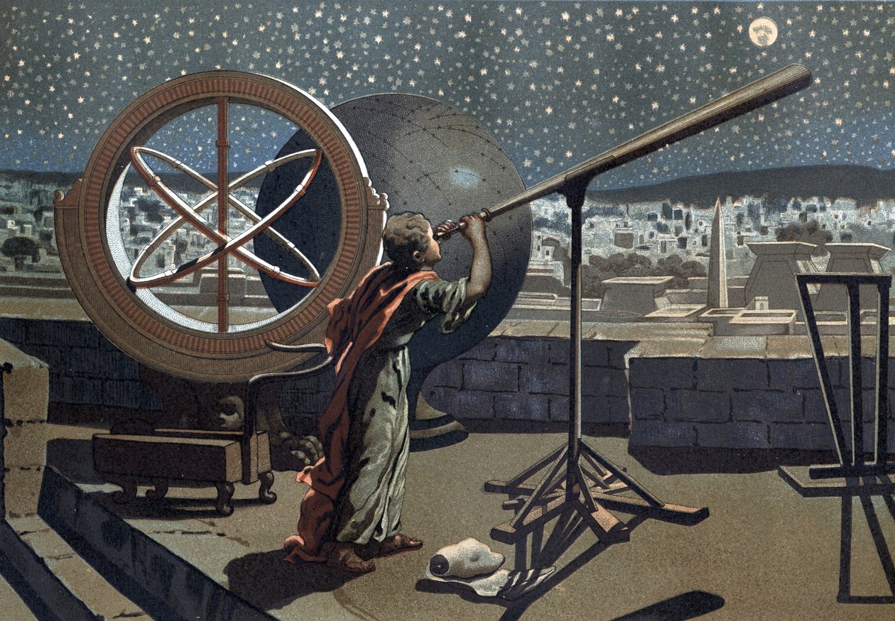 Nicee hipparkhosza. (Hipparkhos) az Alexandriai Obszervatóriumban Görög csillagász (Bythiniában, Kr. e. 2. század) Louis Figuier „La Ciencia y sus Hombres” című műve alapján. Barcelona 1881 alkotó: Unknown artist