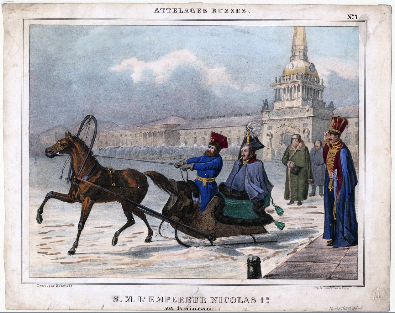 I. Nicolas en traineau - I. Orosz Miklós szánon - Névtelen - 1850 - Litográfia, akvarell - 21,3x26,8 - Magángyűjtemény alkotó: Unknown artist
