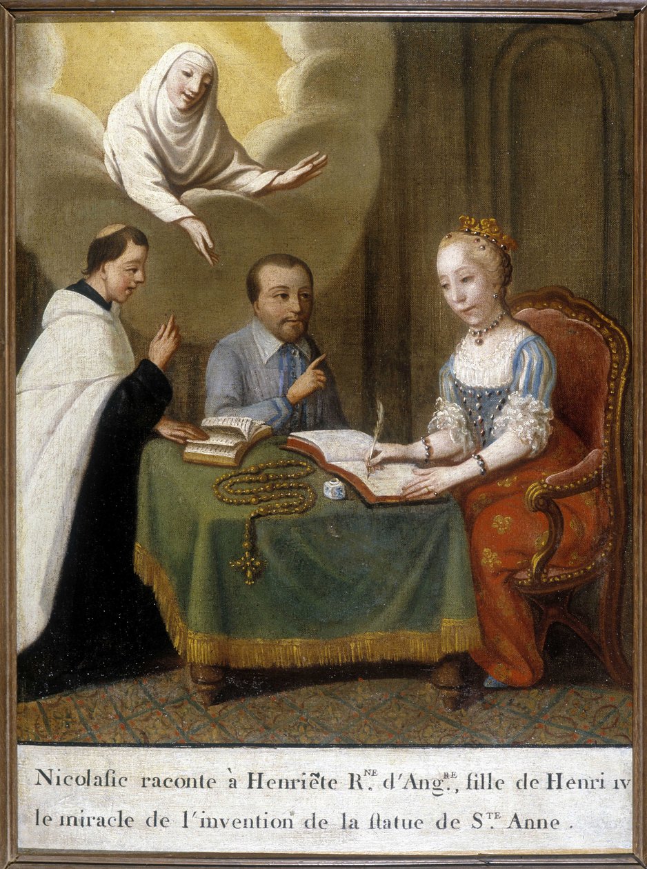 Nicolas elmondja Henriette angol királynőnek és IV. Henrik lányának a Szent Anna-szobor feltalálásának csodáját alkotó: Unknown artist
