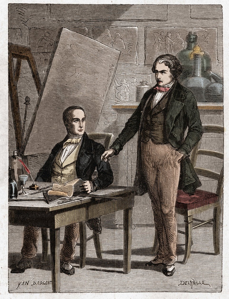 Niepce felolvassa Louis Daguerre-nek a heliográfia leírását, a camera obscura képeinek rögzítéséhez - Nicephore Niepce (1765-1833), francia feltaláló, a fényképezés úttörője felolvassa Daguerre-nek az i rögzítési módszerének leírását. alkotó: Unknown artist