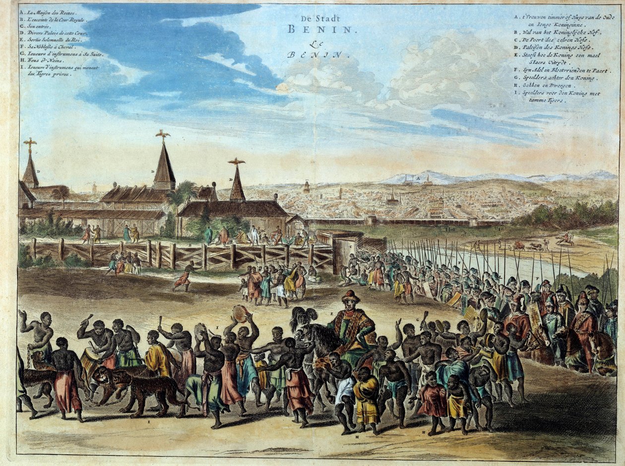 Nigéria fővárosa, a Benin királyság Houegbadja király (1645-1689) ünnepélyes kilépése, Obameyben 1680-ban. Metszet 1686-ból. Párizs, afrikai és óceániai művészetek. alkotó: Unknown artist