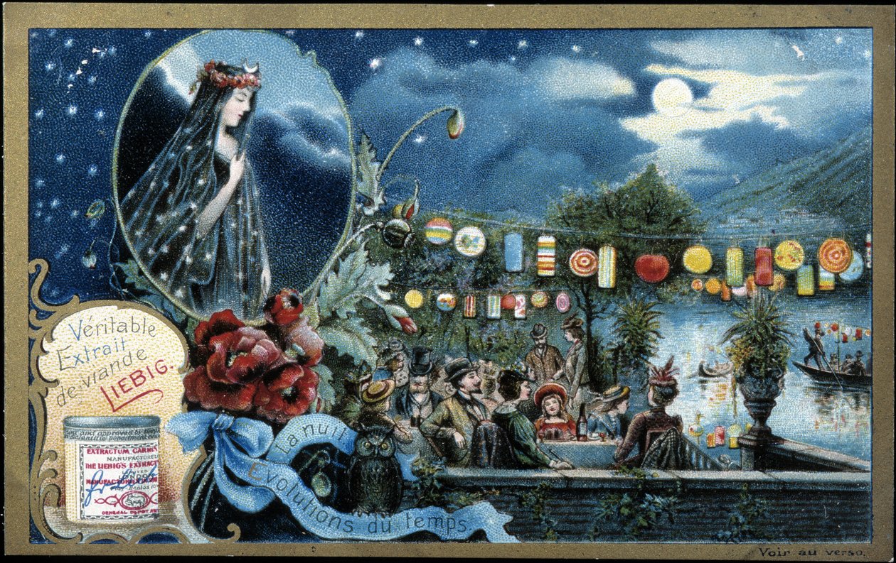 Éjszakai, éjszakai parti lámpásokkal megvilágítva, egy tó közelében - Liebig kromolitográfiája alkotó: Unknown artist