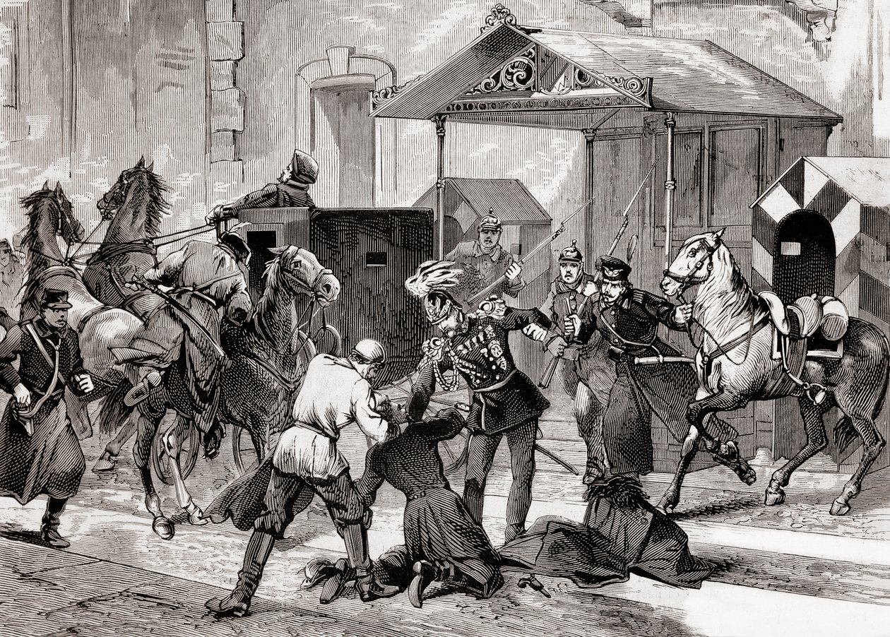 Nihilizmus Oroszországban - Merényletkísérlet a táborsegéd, Loris Melikoff (Loris-Melikoff) tábornok ellen, a nagy-moszkai szállodája ajtaja előtt 1880-ban - Az orosz nihilista mozgalom a 19. században: merényletet L gróf ellen alkotó: Unknown artist