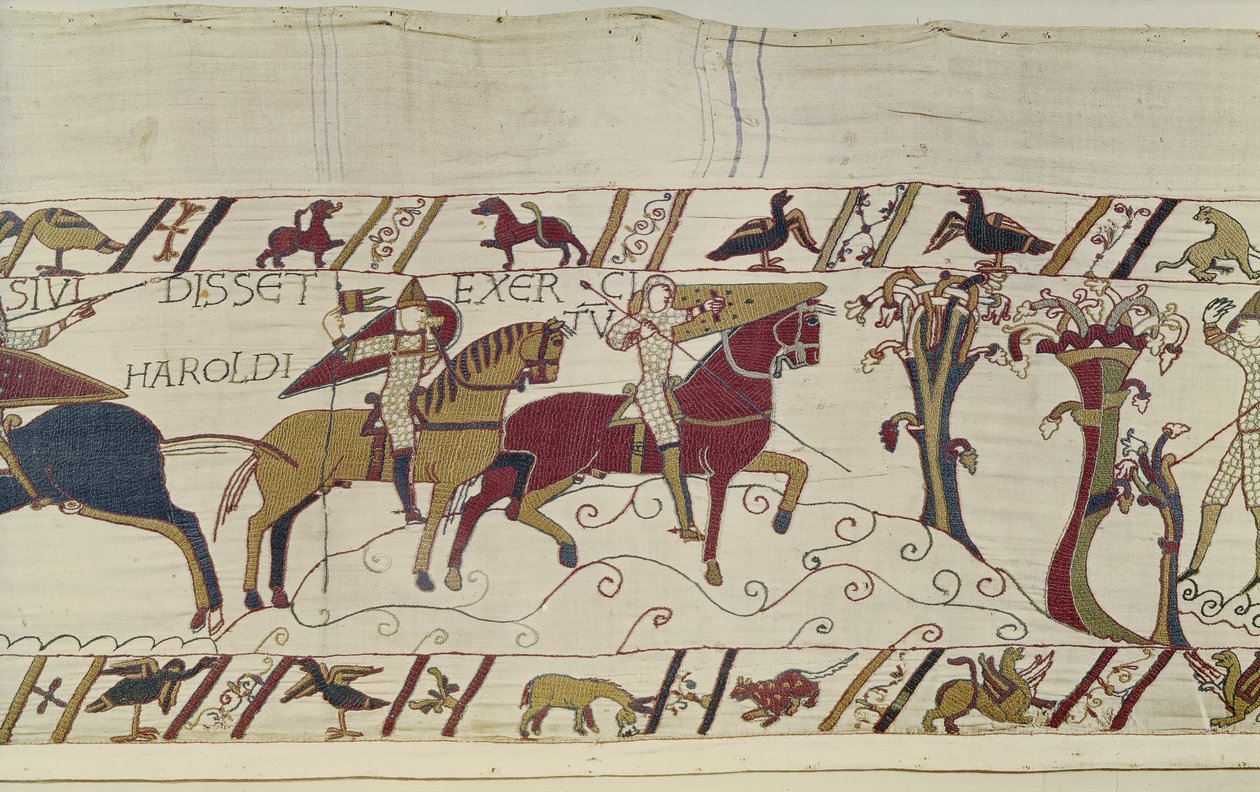 Norman felderítőket küldenek előre, hogy nézzék Harold mozdulatait, Bayeux gobelin (gyapjú hímzés vászonra) alkotó: Unknown artist