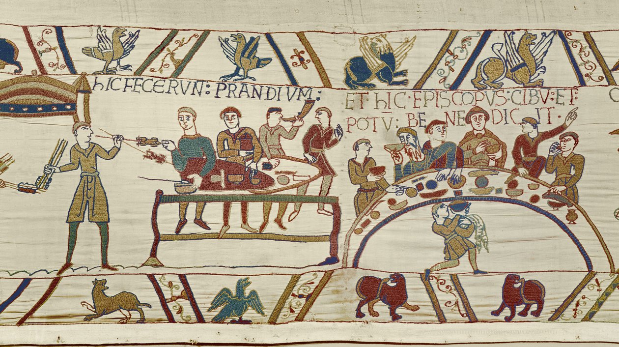 A normann szolgák bankettet készítenek Vilmosnak, Odo püspök pedig megáldja az étkezést, Bayeux gobelin (gyapjú hímzés vászonra) alkotó: Unknown artist