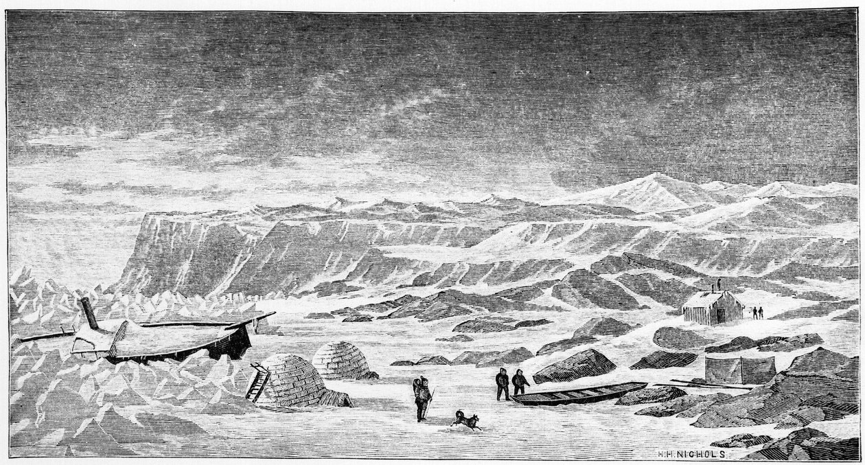 Északi-sark: Iglók és jégtörő csónak (Ice Breeze), rajz, 1873 tavasz. alkotó: Unknown artist