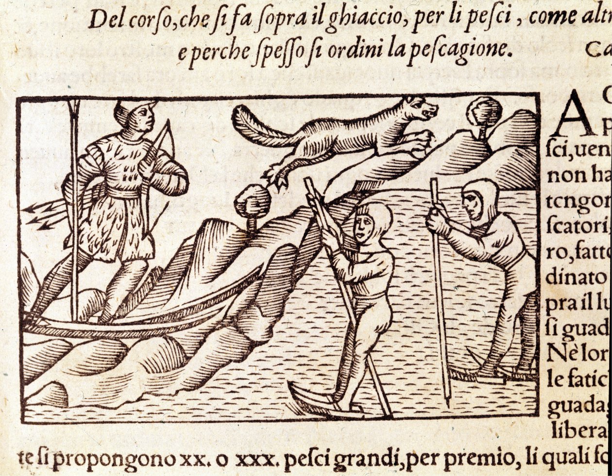 Sílécek között mozgó norvég vadászok. Olaus Magnus (1490 - 1557) svéd vallás- és földrajztudós metsze, „Historia de Gentis Septentrionalibus”, Velence alkotó: Unknown artist