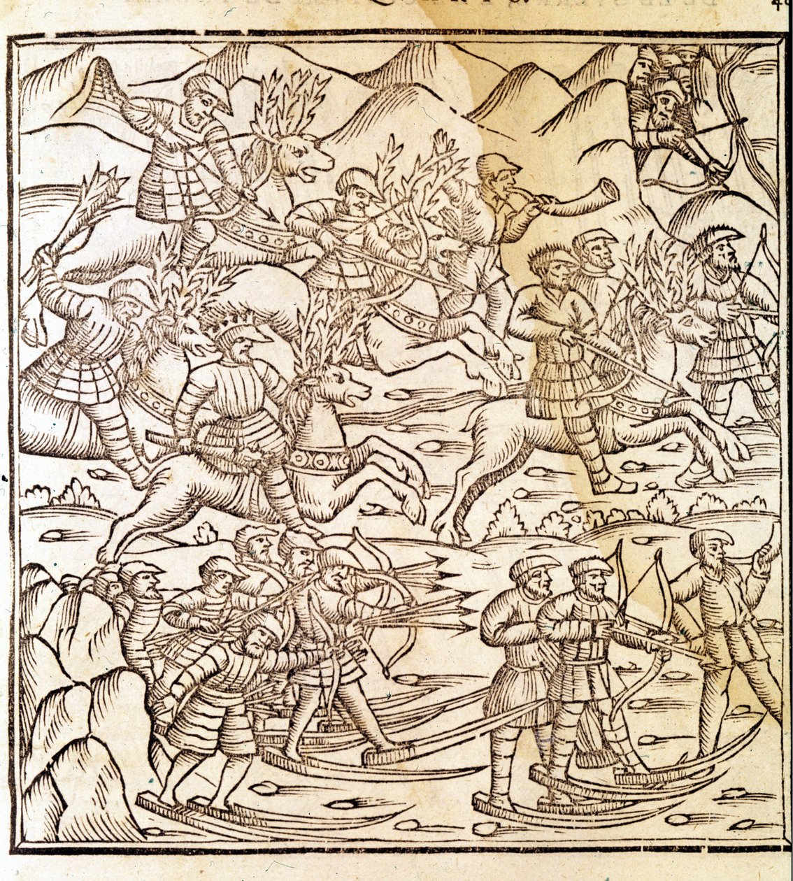Síléceken utazó norvég vadászok és rénszarvasok. Olaus Magnus (1490 - 1557) svéd vallás- és földrajztudós metszete, „Historia de Gentis Septentrionalibus”, Velence alkotó: Unknown artist