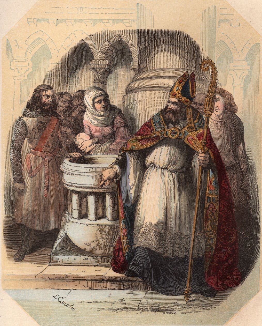 Notger (930-1008) (Liege notker), Liege eveque III. Otton (980-1002), német király megkeresztelkedése idején. Metszet 1868-ból Theodore Juste (1818-1888) „Histoire de Belgique from primitive times to the end of the regne I. Lipót” című művében. Priva alkotó: Unknown artist